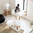 Load image into Gallery viewer, Long-haired cat lounging on a three-layer white wooden cat tree with fluffy platforms and sisal-wrapped posts in a modern living room