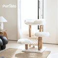Load image into Gallery viewer, Purrista white three-tier cat tree with soft circular platforms, natural wood posts wrapped in sisal, and a hanging rope hammock, placed in a sunlit modern interior