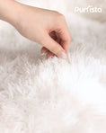Load image into Gallery viewer, “Purrista close-up of soft white faux fur fabric on cat tree platform, with hand touching the plush surface to show texture and comfort