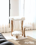 Load image into Gallery viewer, Purrista modern white cat tree with three soft platforms, sisal-wrapped wooden posts, and a central rope hammock, styled in a bright minimalist room